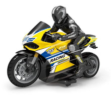 Orange off-road RC motorcycle with rider figure, a remote control toy for boys who love racing games.