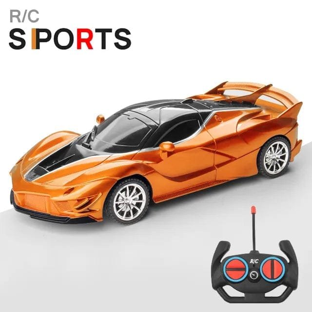 Orange RC sports car with LED lights and remote for outdoor drift racing and active play.