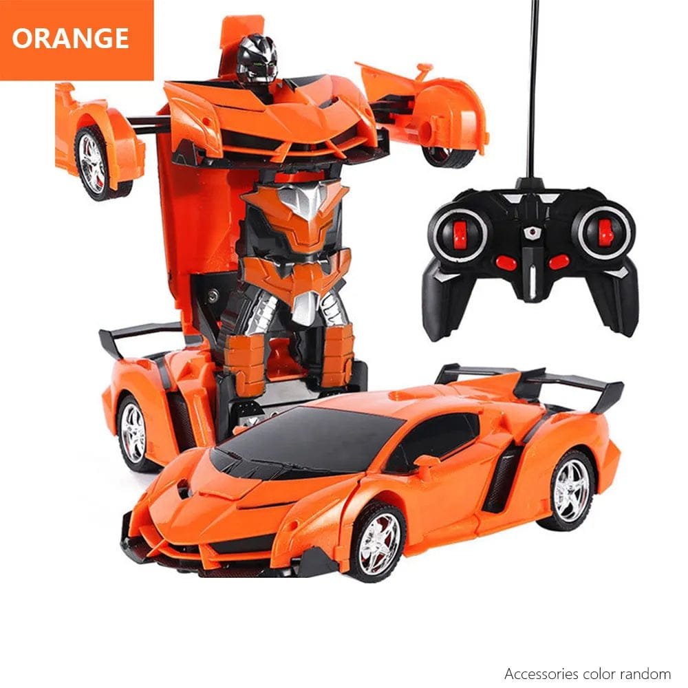 Orange RC transformation robot car 2-mode toy for kids remote-controlled active play.