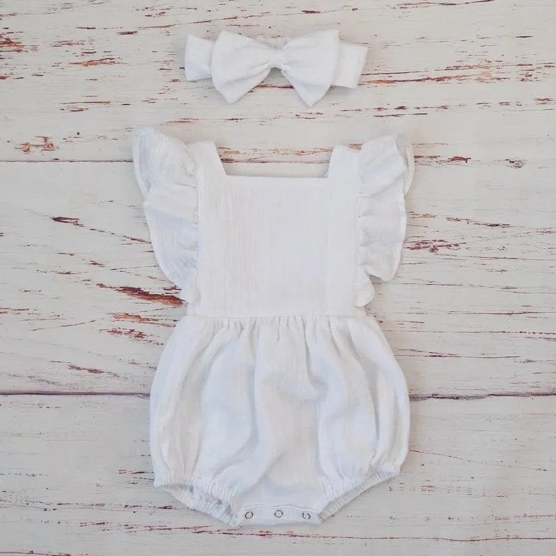 Organic Cotton Ruffle Romper and Headband 3M dusty pink set for summer outings and stroller walks.
