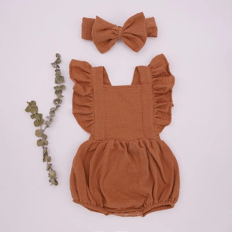 Organic Cotton Ruffle Romper and Headband 3M dusty pink set for crawling and floor time play.
