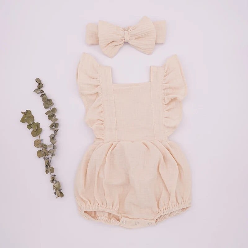 Organic Cotton Ruffle Romper and Headband 3M dusty pink set for baby shower and gifting occasions.