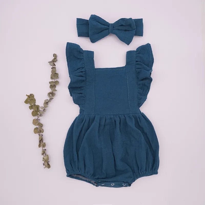 Organic Cotton Ruffle Romper and Headband 3M dusty pink set for newborn milestone photos.