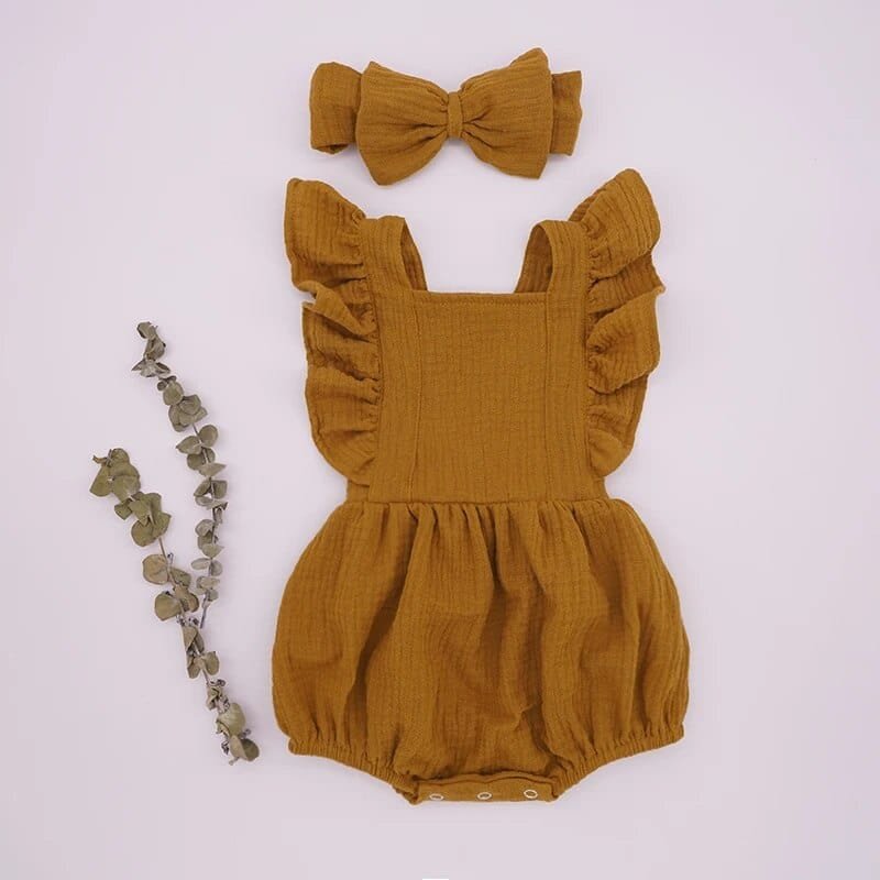 Organic Cotton Ruffle Romper and Headband 3M dusty pink set for seasonal wardrobe rotation.