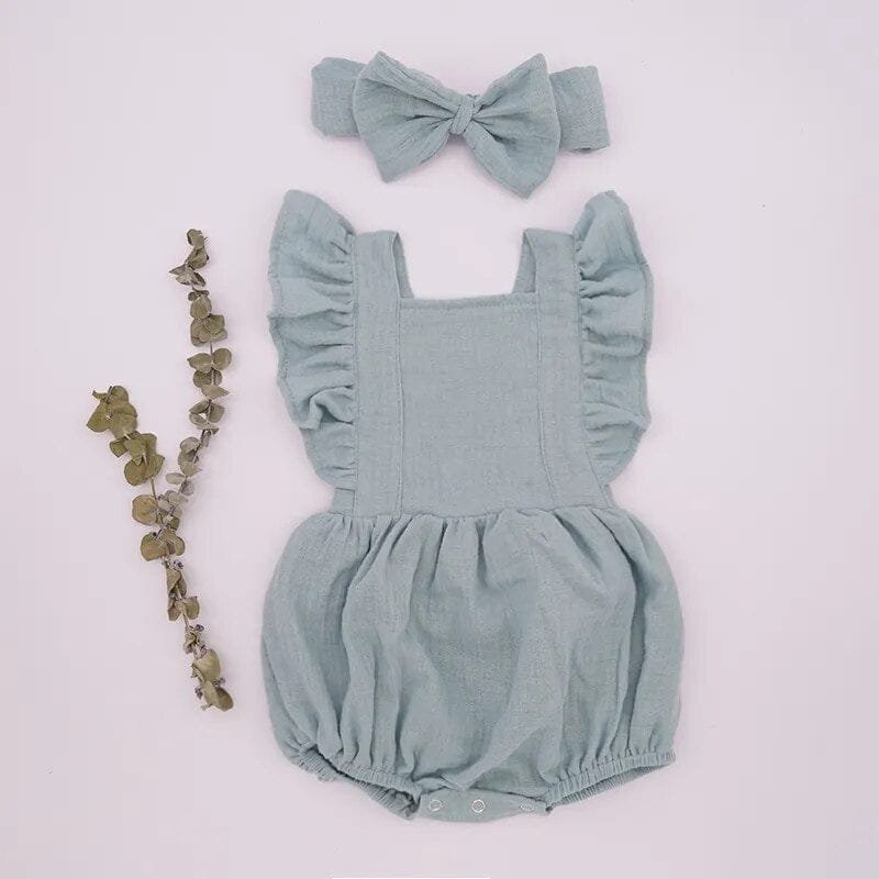 Organic Cotton Ruffle Romper and Headband 3M dusty pink set for spring and summer dressing.