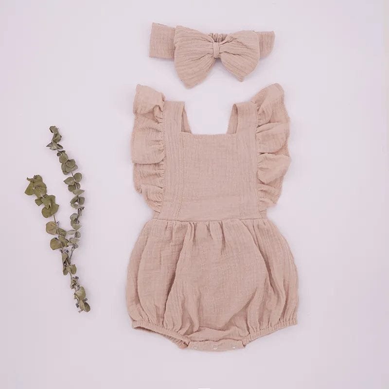 Organic Cotton Ruffle Romper and Headband 3M dusty pink set for keepsake photo shoots.