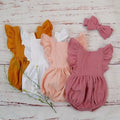 Organic cotton ruffle romper and headband sets in three colours for baby girls, sized 3M for everyday wear and gifting.