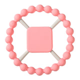 Pink teething ring with a square handle.