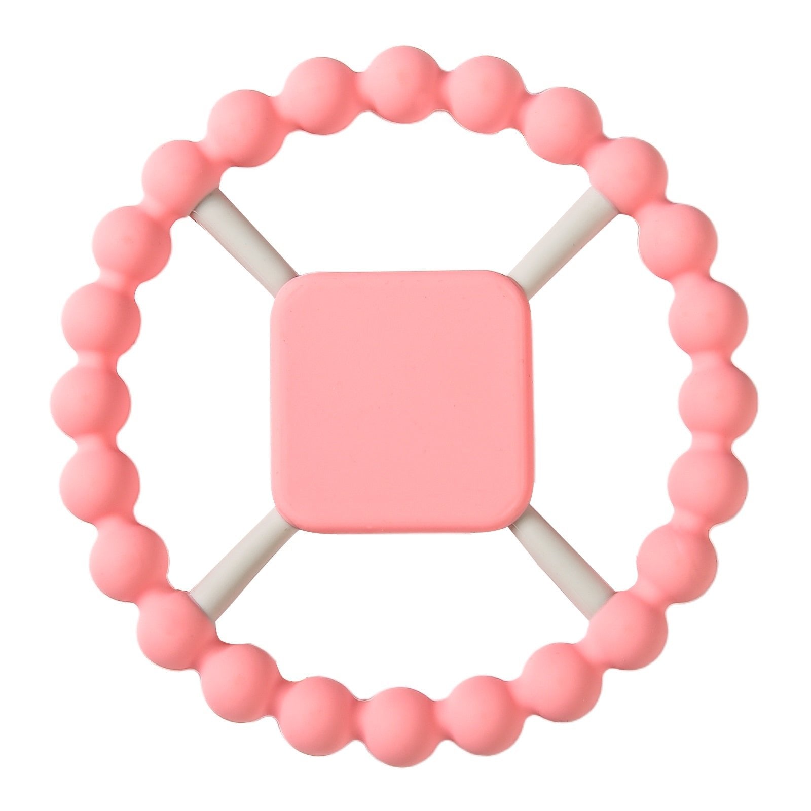 Pink teething ring with a square handle.