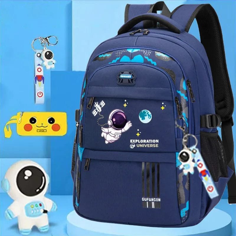 Orthopedic waterproof school backpack for boys in navy with a space design for carrying books to primary school.