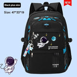 Black backpack with space-themed design.