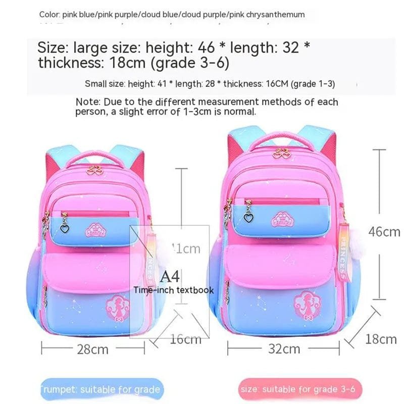 Size details for the pink and blue gradient orthopedic girls backpack to check fit for primary school children.