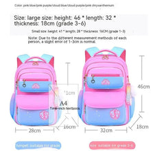 Size details for the pink and blue gradient orthopedic girls backpack to check fit for primary school children.