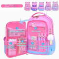 Orthopedic girls primary school backpack in pink with multiple compartments for organising books, lunch, and stationery.