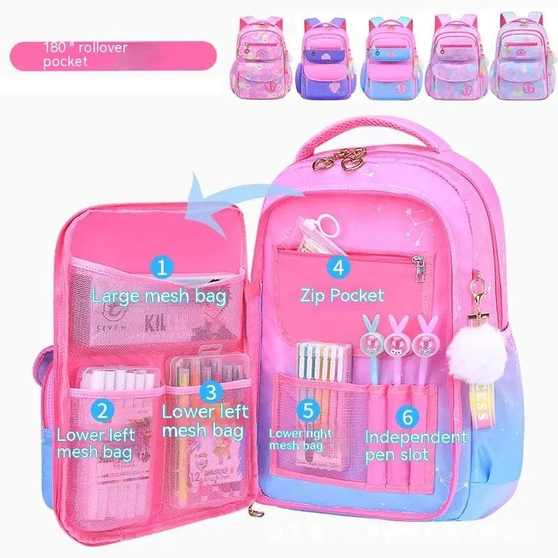 Orthopedic girls primary school backpack in pink with multiple compartments for organising books, lunch, and stationery.