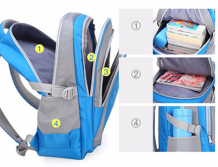 Blue and gray backpack with compartments and items inside