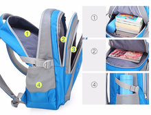 Blue and gray backpack with compartments and items inside