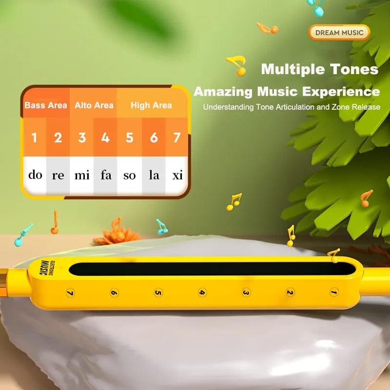 Yellow Otamatone tadpole synthesizer with tone guide chart for teaching kids pitch, notes, and simple music practice.