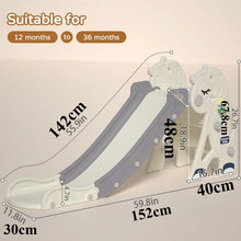 Outdoor toddler slide and climber with play hoop shown with size chart for choosing the right fit.