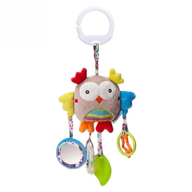 Soft Animal Handbell Rattle in owl design shown with hanging attachments for baby sensory exploration.