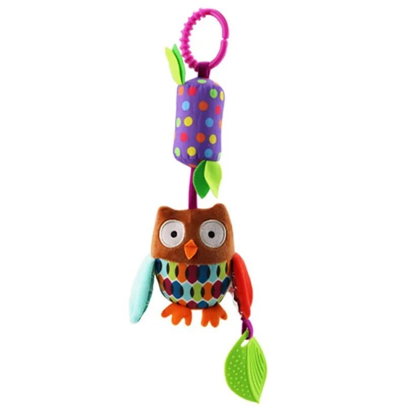 Soft Animal Handbell Rattle in owl design with polka dot elements for sensory baby play and teething.