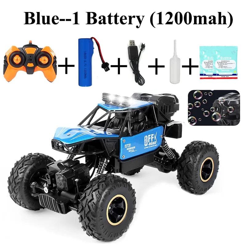Paisible 4WD RC Car with Bubble Machine in blue shown with accessories for outdoor rock crawler play.