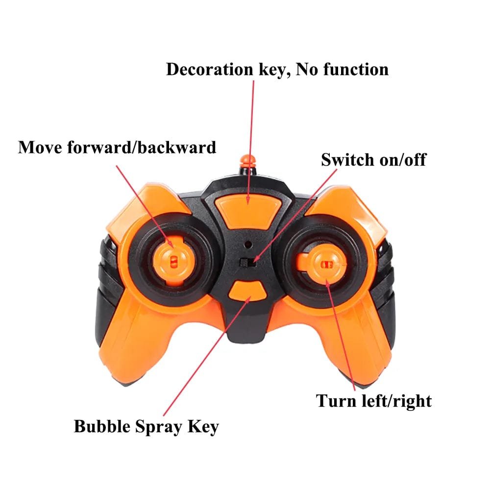 Orange and black remote controller for the Paisible RC bubble car, with simple buttons for young children to steer.