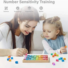 Parent and child using a Montessori wooden multiplication table math tool together for shared learning time.