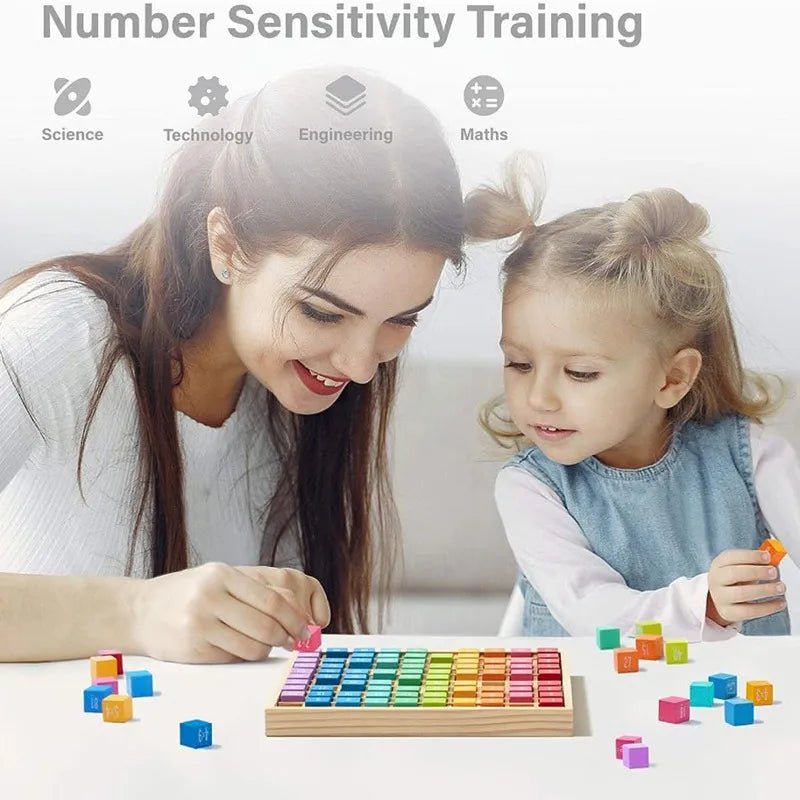 Parent and child using a Montessori wooden multiplication table math tool together for shared learning time.