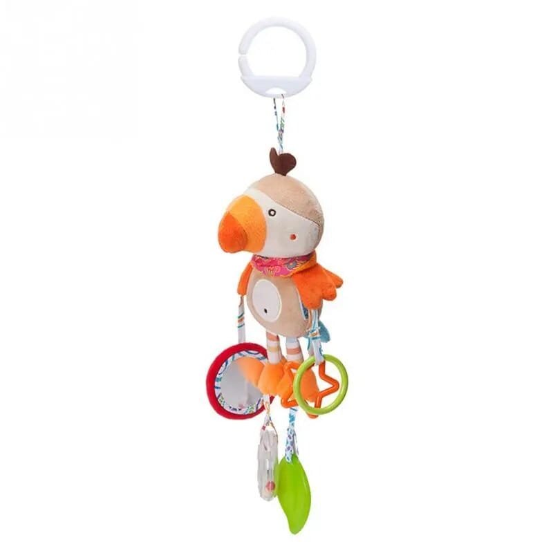 Soft Animal Handbell Rattle in parrot design as a stroller accessory for baby sensory play and teething.