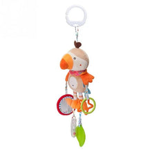 Soft Animal Handbell Rattle in parrot design as a stroller accessory for baby sensory play and teething.