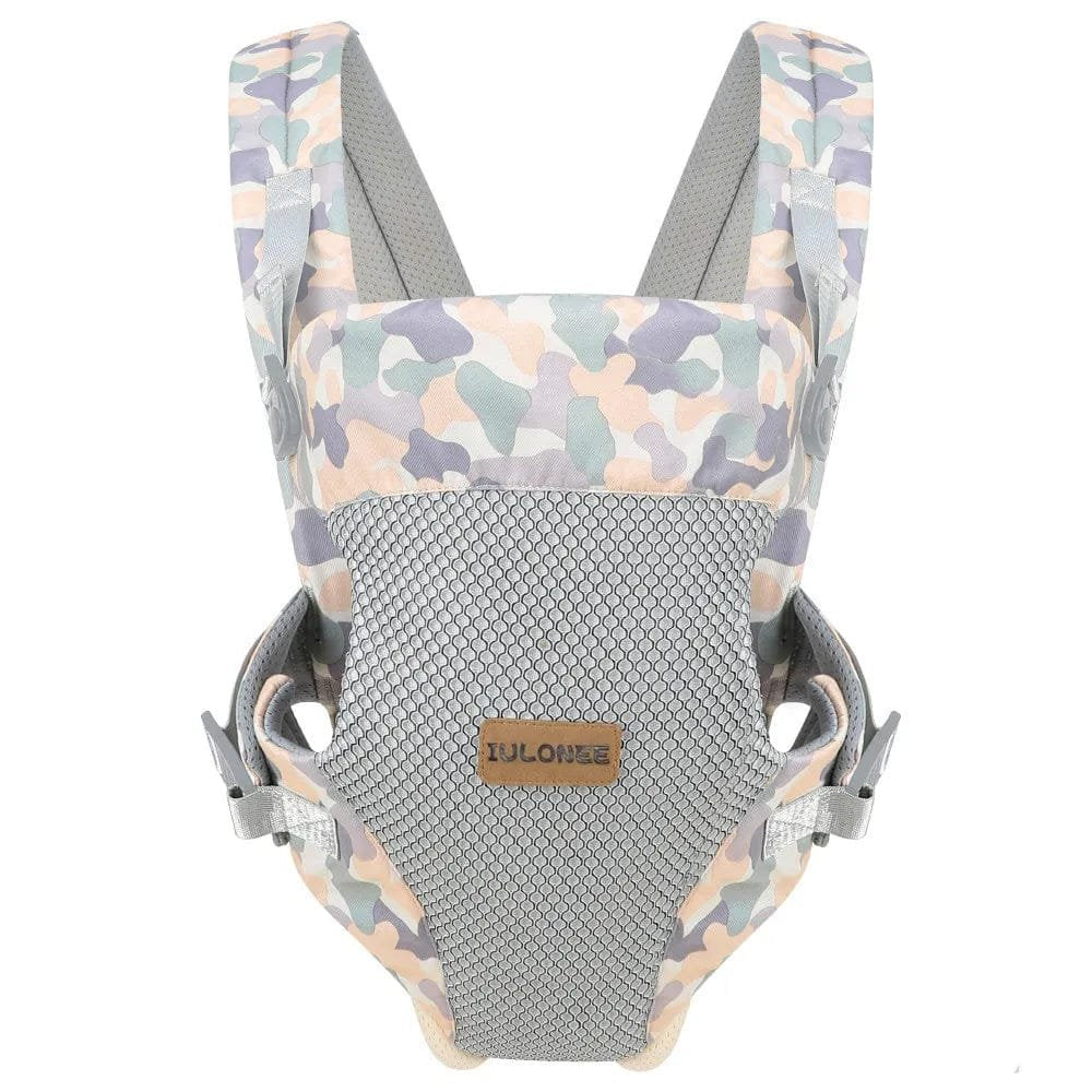 Pastel camo ergonomic baby carrier with hip-healthy M seat design supporting babies during walks and outings.