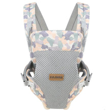 Pastel camo ergonomic baby carrier with hip-healthy M seat design supporting babies during walks and outings.