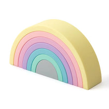 Pastel Rainbow Silicone Blocks stacking tower set for baby coordination practice and toddler building challenges.