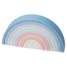 Pastel Silicone Rainbow Blocks soft stacking arch for baby grasping practice, tummy time play, and safe chewing.