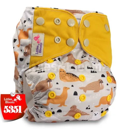 Baby diaper with animal pattern and yellow accents, featuring the brand 'Littles & Bloomz'. (option 2)