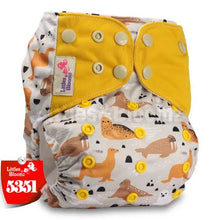 Baby diaper with animal pattern and yellow accents, featuring the brand 'Littles & Bloomz'. (option 2)