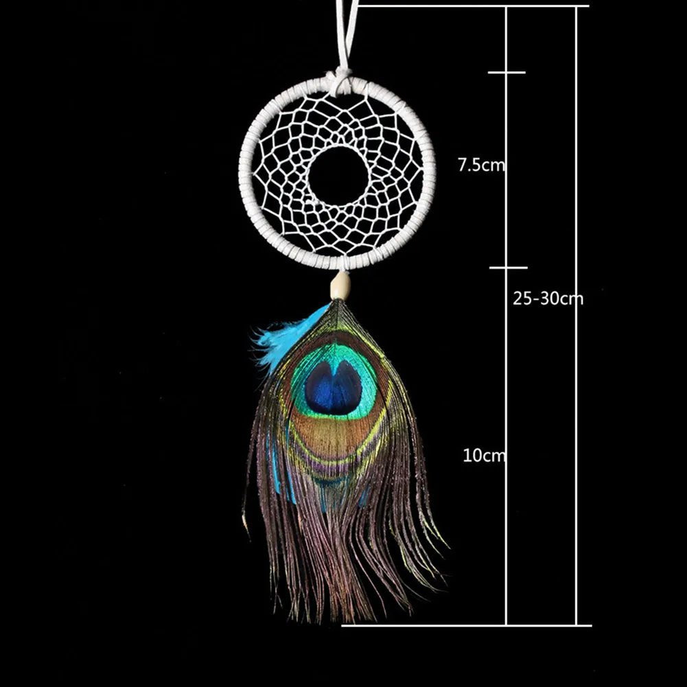 Peacock feather rattan dream catcher shown with size chart for accurate wall placement.