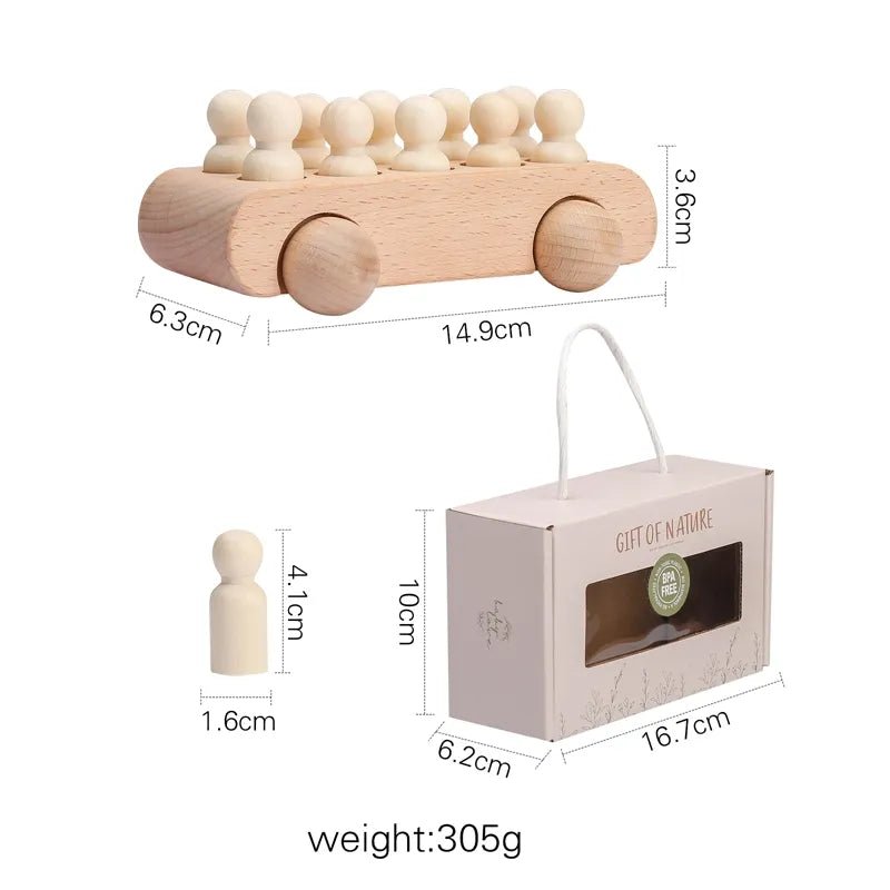Natural wood Montessori train and trolley toy with a pegged car piece shown alongside its packaging and weight.