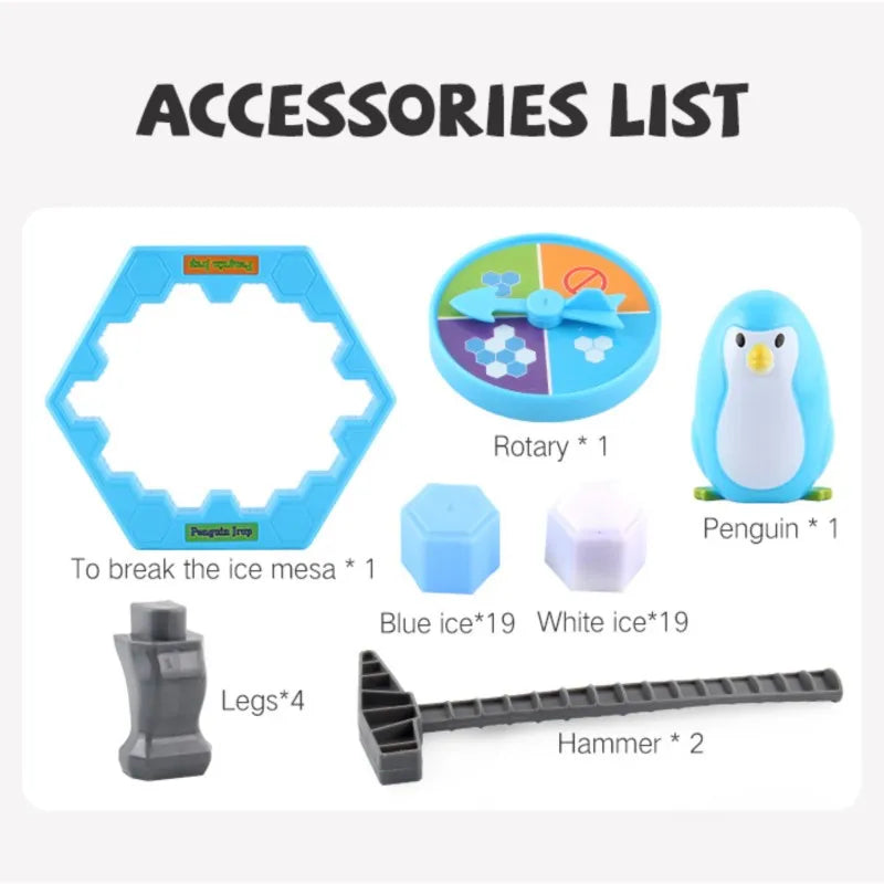 Accessories list showing the ice table, spinner, penguin, blue and white ice blocks, four legs and two hammers
