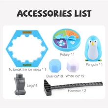 Accessories list showing the ice table, spinner, penguin, blue and white ice blocks, four legs and two hammers