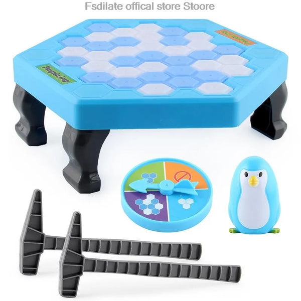 Blue ice-breaking table with a blue penguin, a spinner and two hammers
