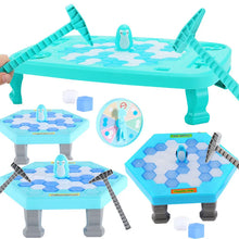Several sizes of turquoise and blue penguin ice tables shown together with hammers and ice blocks