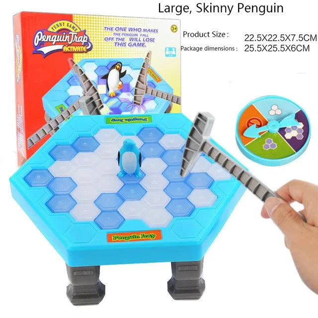 Large penguin ice table with a skinny penguin, box and hand with hammer, labeled with size information