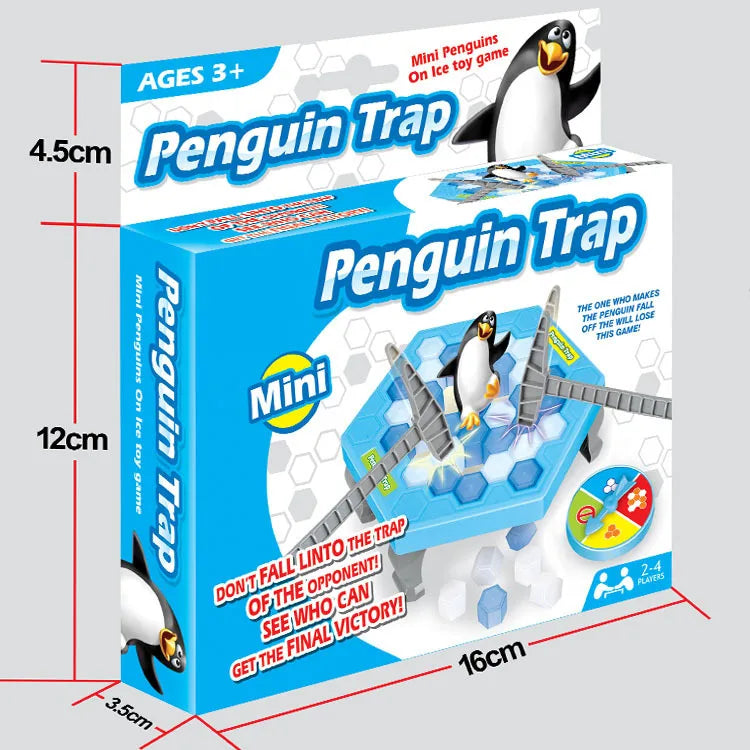Mini penguin trap game box marked ages 3 plus with its size measurements