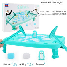 Oversize turquoise penguin ice table with a fat penguin, ice blocks and size information