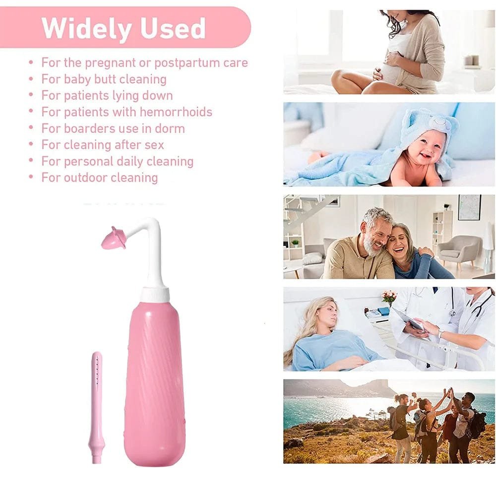 Peri bottle shown with its uses for postpartum washing, perineal care, and gentle everyday intimate hygiene.