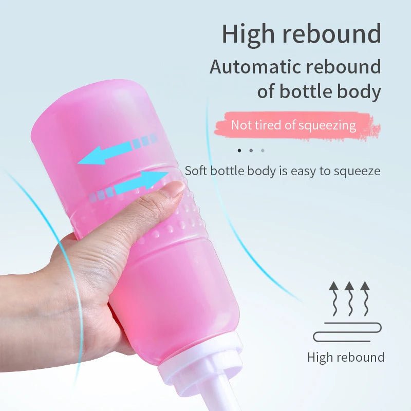 Pink 500ML Peri Bottle with feature highlights for postpartum and perineal cleansing care.