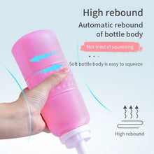 Pink 500ML Peri Bottle with feature highlights for postpartum and perineal cleansing care.