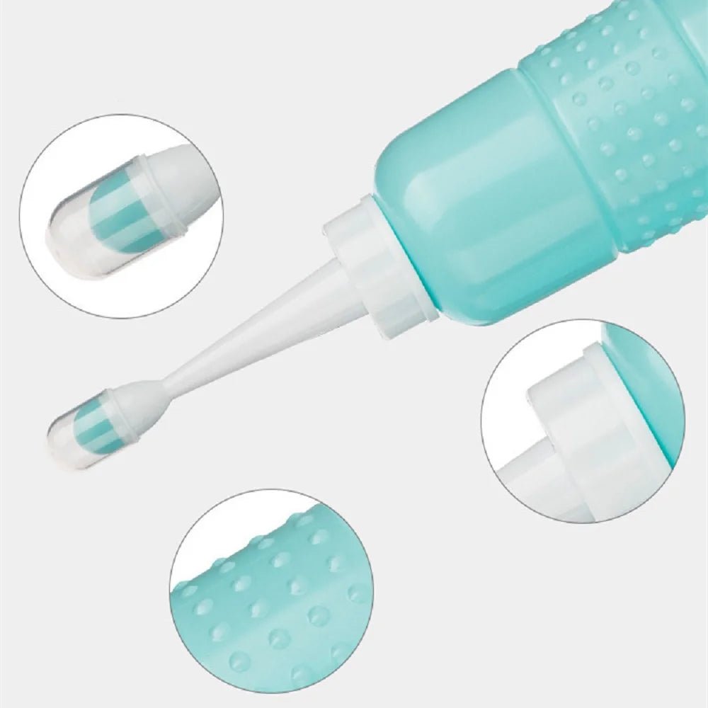 Teal and white Peri Bottle detail views for postpartum perineal cleansing and hygiene care.